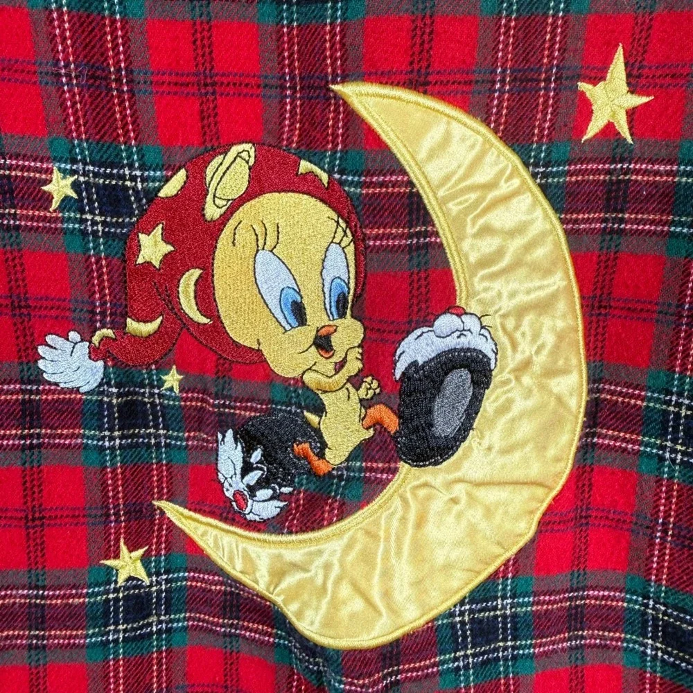 Warner Bros Tweety Bird Nightgown‎ Womens Medium Red Plaid Vintage 1999 Flannel